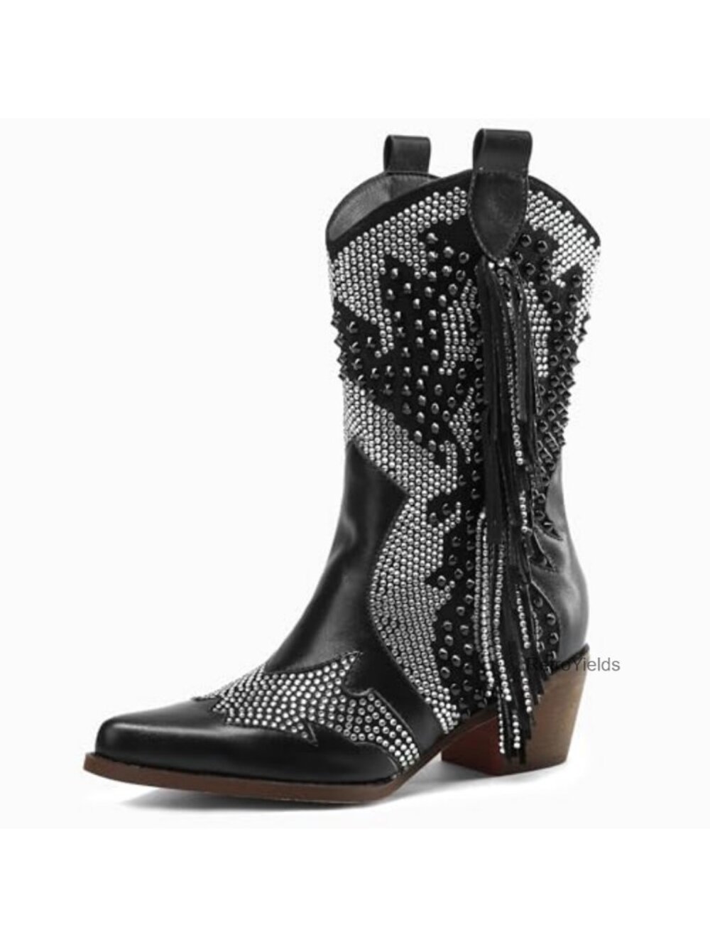 Sparkly Rhinestone Cowboy Boots Pointed Toe Tassel Chunky Heel Slip-On Women